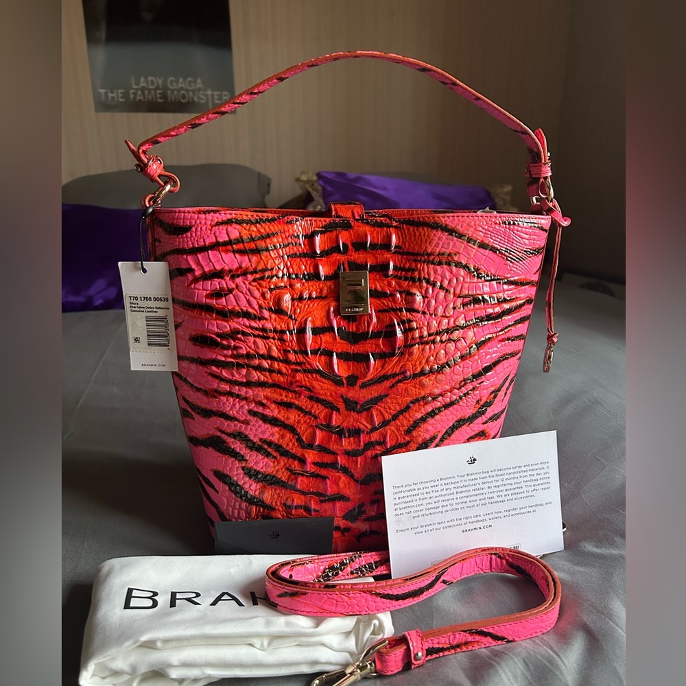 Brahmin Shira Pink Feline Ombré Bucket Leather Bag